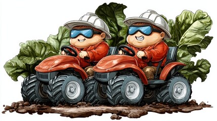 Cartoon Illustration of Two Children Driving Toy Tractors with Leafy Green Plants