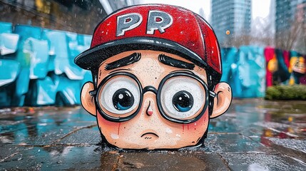 Cartoon Head in a Puddle Rainy Cityscape Graffiti Background