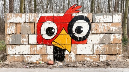 Cartoon Rooster Graffiti on Weathered Brick Wall