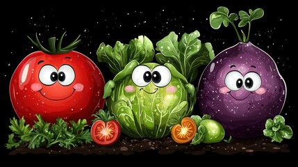 Cartoon Vegetables Featuring Tomato Cabbage and Turnip with Smiling Faces on Dark Backdrop