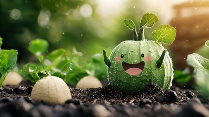 Cartoon Vegetable Character in Sunny Garden Soil with Sprouting Plants and Bokeh