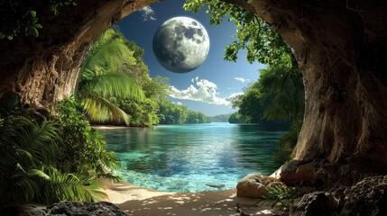 Cave Opening to Tropical Sea with Turquoise Water Greenery and Full Moon