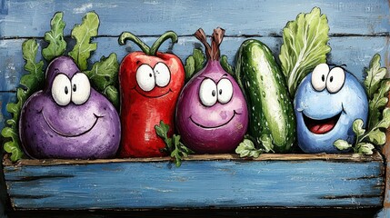 Cartoon Vegetables Still Life with Smiling Faces on Blue Wooden Surface