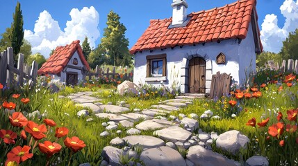Charming White Cottage in a Sunny Wildflower Meadow