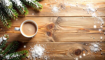 Flatlay of Hot Chocolate or Milk Coffee on Wooden Table with Snow and Pine Tree Decorations &ndash; Cozy Winter Aesthetic