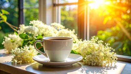 cup of coffee and flowers
