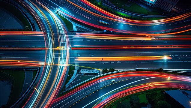 a busy urban intersection at night