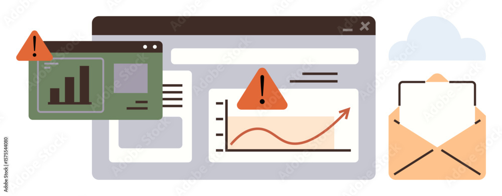 Poster online dashboard with data charts, alert warnings, and an envelope symbolizing an email notification