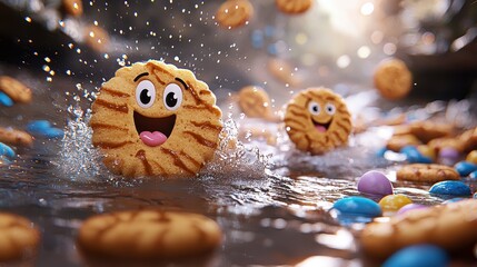 Cheerful Cartoon Cookies Splashing in a Stream with Candies