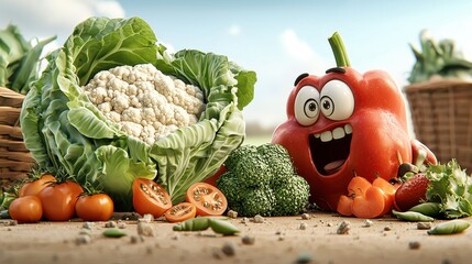 Cheerful Cartoon Vegetables on Wooden Surface