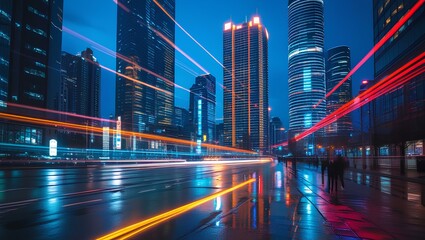 A dynamic cityscape at night with towering skyscrapers
