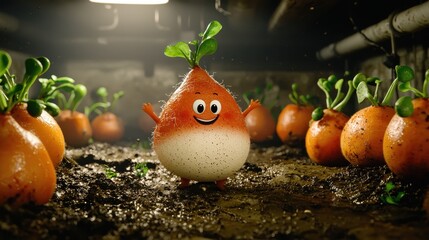 Cheerful Cartoon Turnip in Damp Cellar