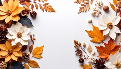 Fototapeta premium Autumn floral arrangement studio space decorative art warm colors overhead view seasonal aesthetics for home decor