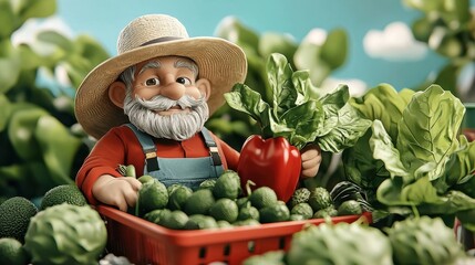 Cheerful Garden Gnome Figurine with Fresh Vegetables