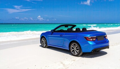 Blue convertible car on a tropical beach