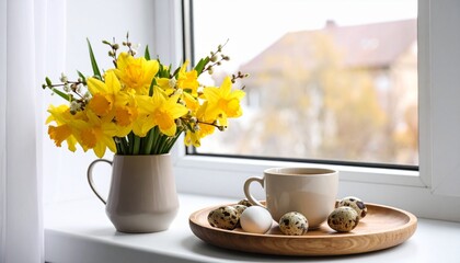 Fototapeta premium cup of coffee and flowers