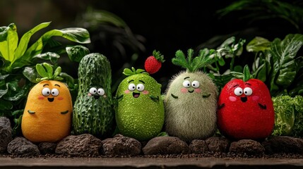 Cheerful Textured Vegetables in a Lush Garden Setting with Dark Soil and Green Leaves