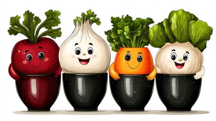 Cheerful Vegetable Characters in Black Pots with Big Eyes and Smiling Faces
