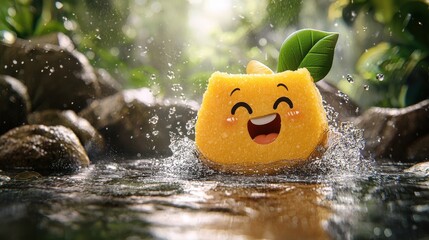 Cheerful Yellow Cartoon Character Splashes in Sunny Stream