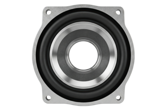 Close-up of speaker cone with metallic elements and rubber surround isolated on a transparent background