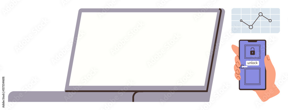 Poster laptop with blank screen next to smartphone displaying unlock screen and statistics graph. ideal for