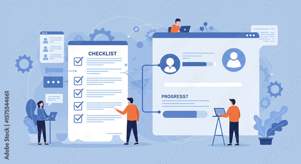 Poster team collaboration on project management and tracking progress with digital tools