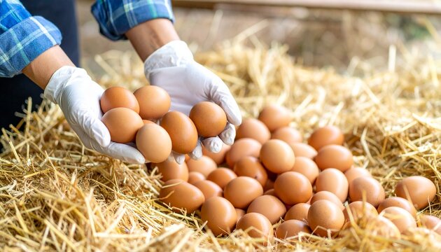 Hands gently collecting fresh brown chicken eggs from farm coop in natural light