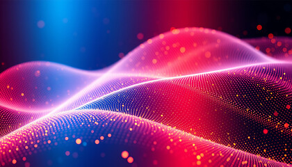 Abstract Wavy Surface with Glowing Particles in Blue and Red