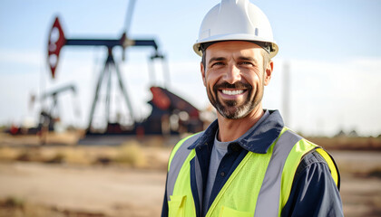Smiling oil worker with desert rig.