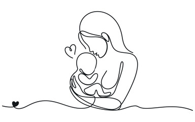 Elegant One Line Drawing of Mother Holding Baby with Heart Symbolizing Love Family and the Beautiful Bond Between Mother and Child in Minimalist Style