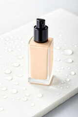 Liquid foundation presented in glass bottle with black pump on white surface surrounded by water drops for makeup presentation.