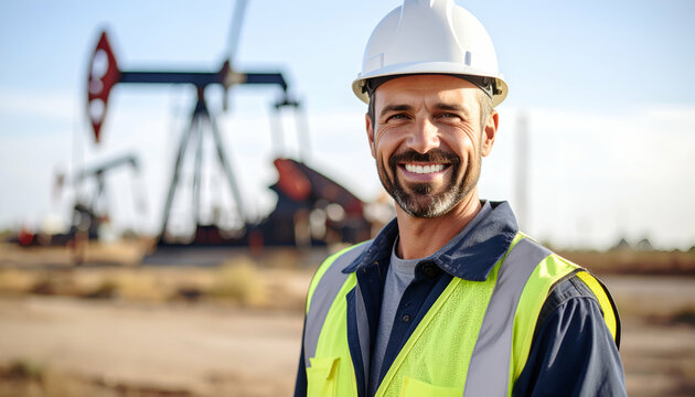 Smiling oil worker with desert rig. - Powered by Adobe