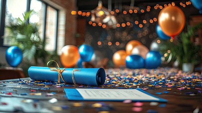 Graduation party table decor with diplomas, confetti, balloons, and festive celebration setup in academic theme