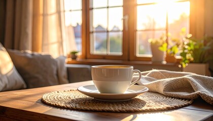 cup of coffee on the table with window background