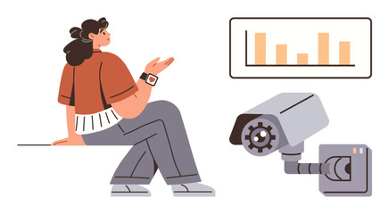 Casual woman gesturing near modern security camera and analytics chart. Ideal for technology, security, privacy, surveillance, data monitoring, innovation, business. Represents insight with simple