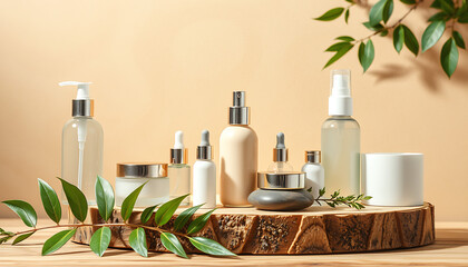 Assortment of cosmetic bottles and jars on a wooden platform