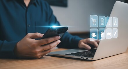 Navigating online commerce hands blur between smartphone and laptop keys icons glow depicting shopping from home with