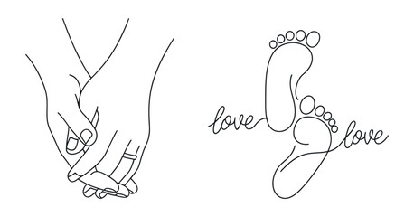 Minimalist Line Art Illustration of Parents Holding Hands with Baby Footprints and the Word Love on a White Background