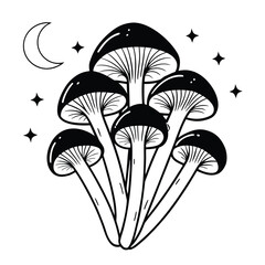 Black and white cluster of mushrooms with moon and stars