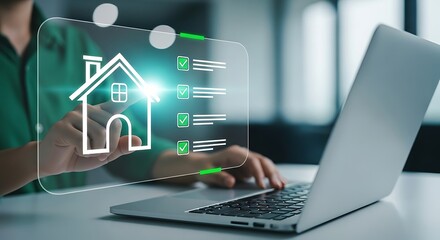 Glowing house checklist hovering near laptop fingers touch the clear panel digital real estate process modern home