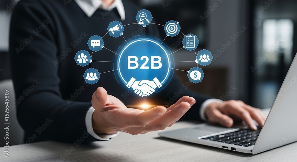 Poster luminescent b2b network in hand a modern businessperson extends an open palm radiant with digital co