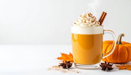Pumpkin Spice Latte Styled with Cinnamon, Pumkin, and Autumn Spices, Minimal White Background