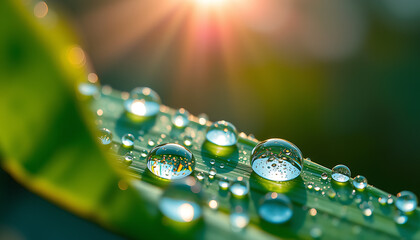 Dew Drops on a Green Leaf Reflecting Sunlight