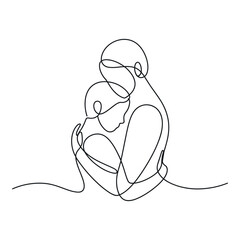 Continuous Line Drawing of Mother Hugging Her Child Showing Love Care and Connection in a Minimalist and Elegant Style on White Background