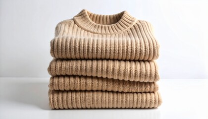 Beige ribbed knitwear stack, a minimalist concept ideal for cozy fashion campaigns and lifestyle branding