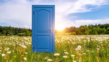 Blue door in a field of flowers