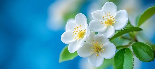 Fototapeta premium Delicate Wild Rose Blossoms Unfurling Their Pristine White Petals Amidst Lush Green Leaves in Spring