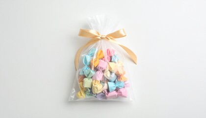 Elegant candy gift bag with pastel-wrapped sweets and a golden satin ribbon, styled on a clean white background
