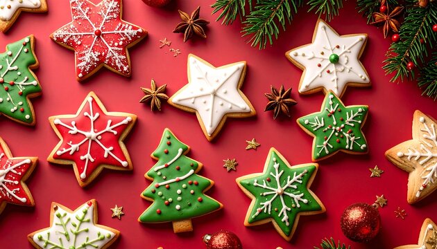 Festive Christmas cookies, stars and trees, red background