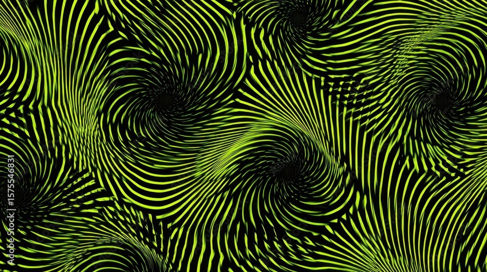 Poster abstract pattern of swirling lines in lime green and black.